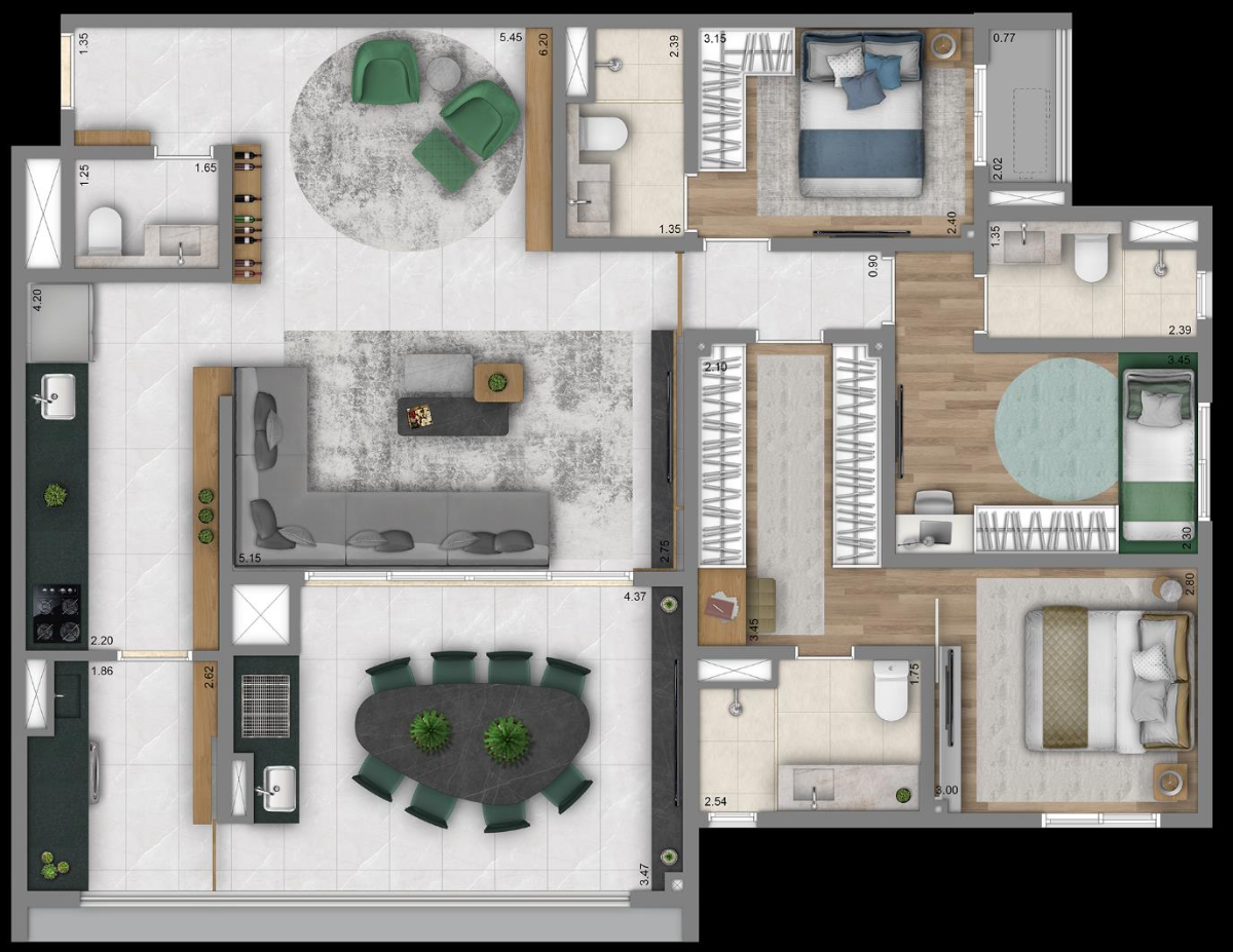 Planta apartamento 126m² 3 suítes ou 4 dormitórios Duetti Moóca