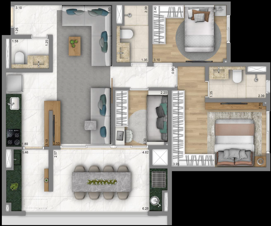 Planta apartamento 68m² 2 dormitórios Duetti Moóca