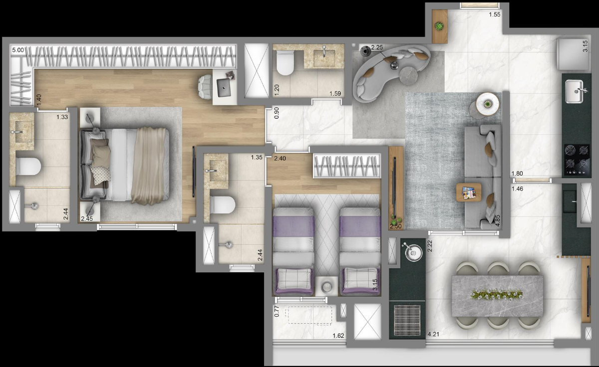 Planta apartamento 74m² 2 suítes Duetti Moóca