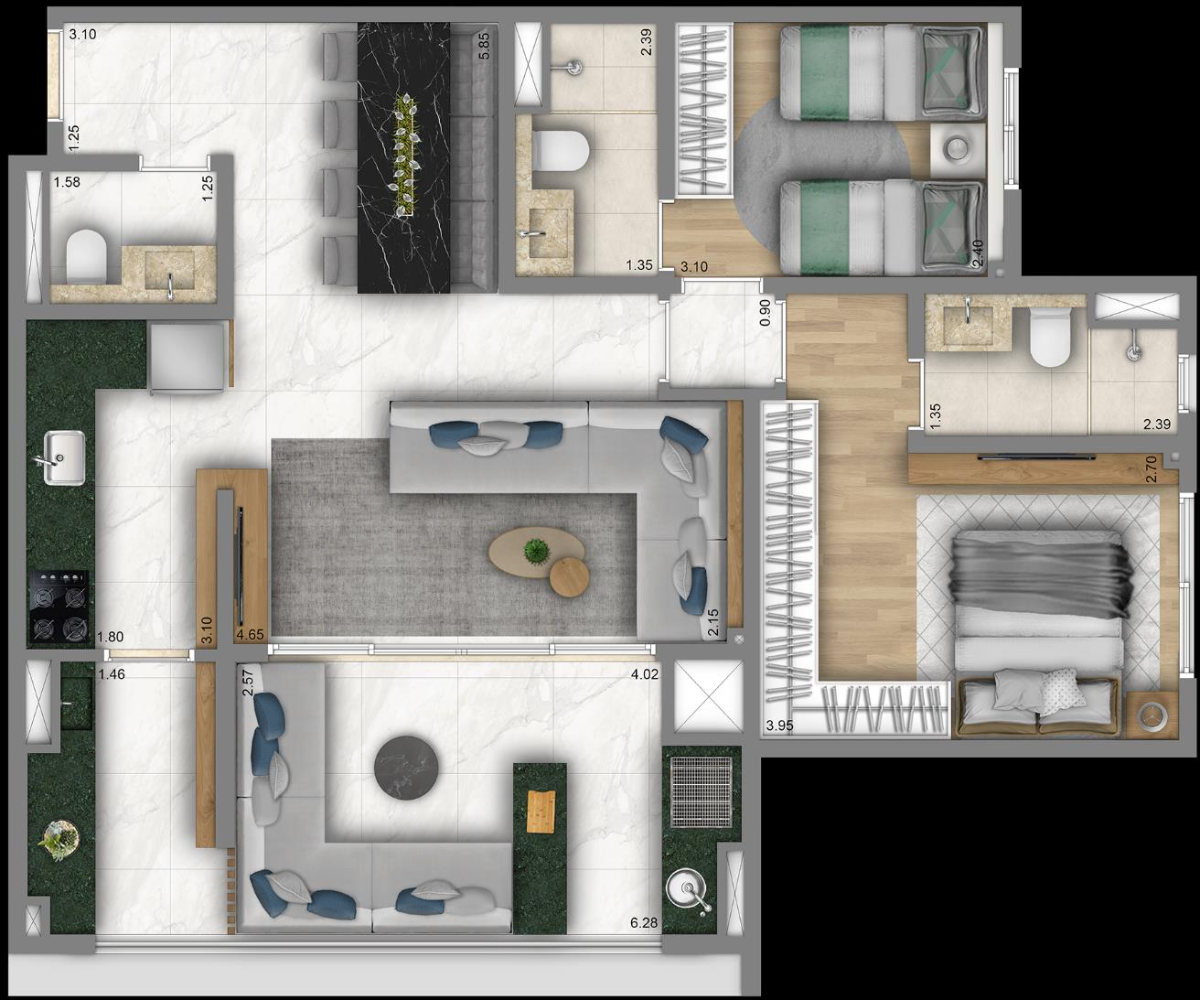 Planta apartamento 84m² 2 a 3 dormitórios Duetti Moóca