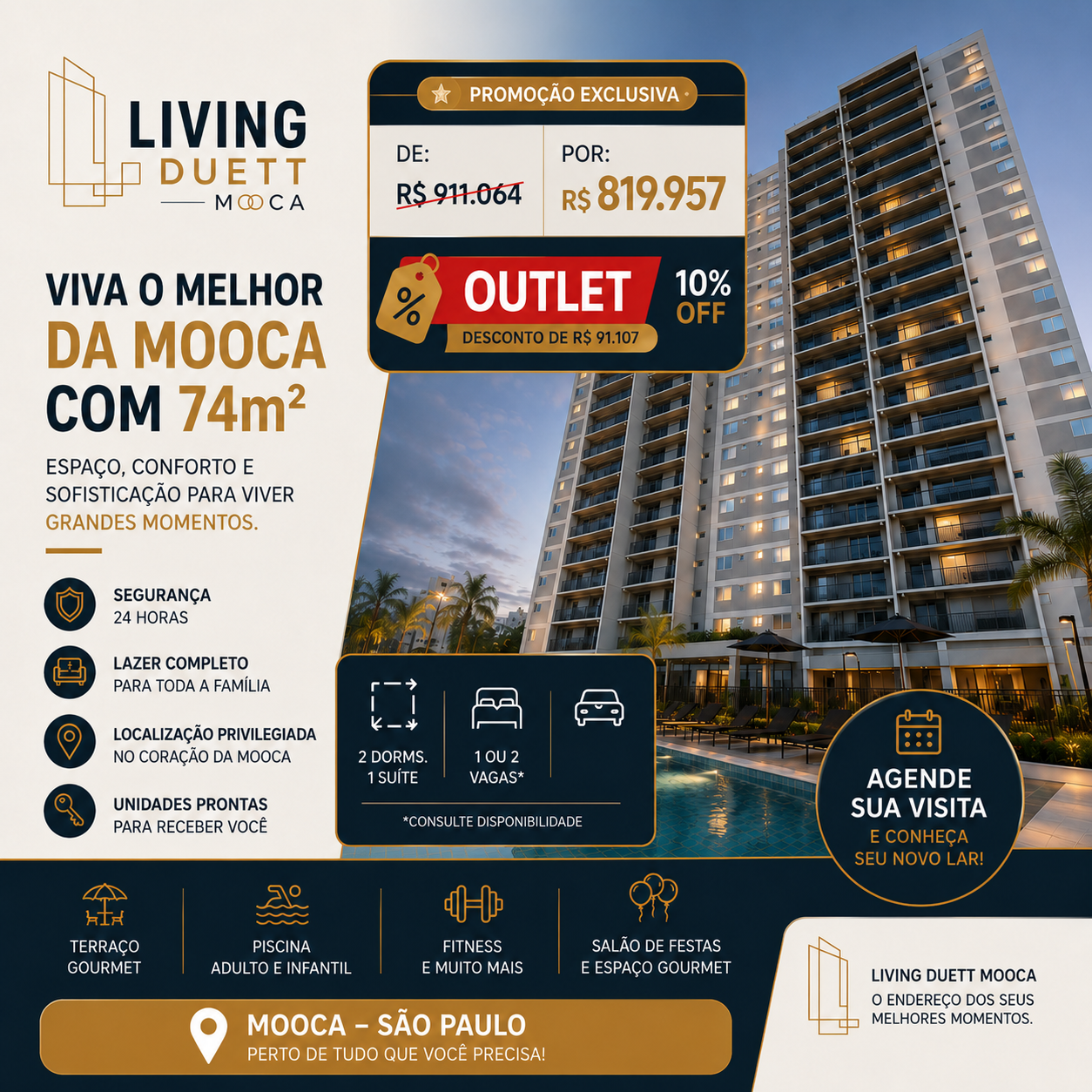 Living Duett Moóca — Outlet 10% OFF, apartamento de 74m² por R$ 819.957